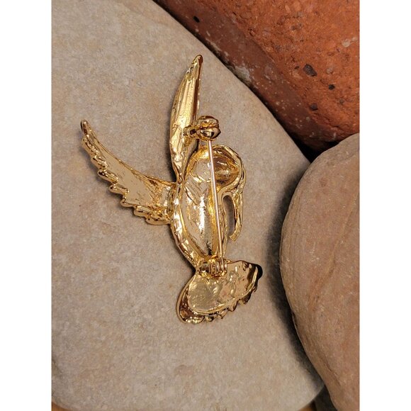 Vintage Gold-Tone Enamel Hummingbird Brooch Pin With Rhinestone Eye 2.25 Inches - Picture 3 of 7